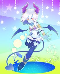 Rule 34 | 1girl, armband, bare shoulders, bikini, bikini top only, blue skin, boots, colored skin, demon girl, demon horns, demon tail, demon wings, facial mark, flower, full body, gradient background, groin, highres, horns, jewelry, kashiri kurosuke, magatama, microskirt, multicolored eyes, necklace, original, red eyes, skirt, solo, star (symbol), starry background, swimsuit, tail, tattoo, thighhighs, white hair, wings, wrist cuffs, yellow eyes