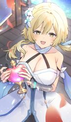 1girl :d black_gloves blonde_hair breasts cleavage commentary_request dress flower from_above genshin_impact gloves hair_between_eyes hair_flower hair_ornament heart-shaped_bottle highres holding_potion ikurumidwd large_breasts light_blush looking_at_viewer lumine_(genshin_impact) open_mouth partially_fingerless_gloves potion short_hair_with_long_locks sleeveless sleeveless_dress smile solo upper_body white_dress white_flower wooden_floor yellow_eyes