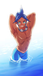 Rule 34 | 1boy, aqua eyes, arms behind head, bare pectorals, blue hair, commentary request, creatures (company), game freak, goggles, goggles around neck, highres, looking at viewer, male focus, marlon (pokemon), momoji (lobolobo2010), muscular, navel, nintendo, parted lips, pectorals, pokemon, pokemon bw2, ripples, skin tight, smile, solo, tan, teeth, wading, water