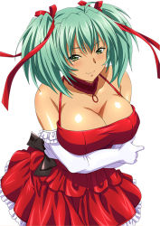 Rule 34 | 00s, 1girl, arm under breasts, breast hold, breasts, cleavage, dark-skinned female, dark skin, dress, female focus, green eyes, green hair, ikkitousen, large breasts, long hair, matching hair/eyes, official art, red dress, ryofu housen, simple background, smile, solo, standing, twintails