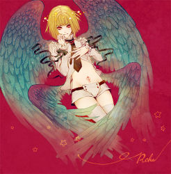 Rule 34 | 1boy, angel wings, beatmania, beatmania iidx, blonde hair, character name, feathers, jewelry, male focus, mars symbol, midriff, multiple wings, navel, necklace, necktie, niconicozombie, open clothes, open shirt, rche (beatmania), red eyes, shirt, shorts, smile, solo, star (symbol), thighhighs, trap, white thighhighs, wings
