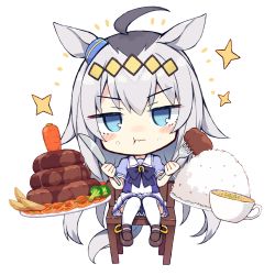 Rule 34 | 1girl, :t, absurdres, ahoge, animal ears, black hair, blouse, blue eyes, blue shirt, blush stickers, brown footwear, carrot, chair, chibi, cup, eating, food, fork, frilled skirt, frills, full body, grey hair, hair between eyes, highres, holding, holding fork, holding knife, horse ears, horse girl, horse tail, knife, loafers, long hair, looking at viewer, multicolored hair, nibiiro shizuka, oguri cap (umamusume), on chair, plate, pleated skirt, puffy short sleeves, puffy sleeves, purple shirt, rice, school uniform, shirt, shoes, short sleeves, simple background, sitting, skirt, solo, sparkle, tail, thighhighs, tracen school uniform, two-tone hair, umamusume, v-shaped eyebrows, very long hair, wavy mouth, white background, white skirt, white thighhighs