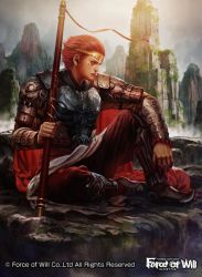 Rule 34 | 1boy, armor, armored boots, boots, cape, circlet, copyright name, facial mark, force of will, kakotomirai, male focus, mountain, official art, red eyes, red hair, rock, sitting, sky, solo, staff