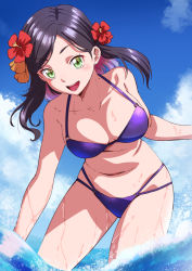 Rule 34 | 1girl, :d, bikini, blue sky, blush, breasts, colored inner hair, day, flower, green eyes, hair flower, hair ornament, highres, ishii hisao, large breasts, leaning forward, long hair, looking at viewer, medium hair, multi-strapped bikini, multicolored hair, navel, ocean, open mouth, original, outdoors, purple bikini, red flower, sky, smile, solo, swimsuit, wading, wet