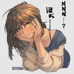 Rule 34 | 1girl, blue dress, blush, brown hair, commentary request, dress, ergot, fubuki (kancolle), green eyes, green nails, grey background, grey jacket, hair between eyes, hands on own cheeks, hands on own face, jacket, jewelry, kantai collection, long sleeves, looking at viewer, messy hair, nail polish, off shoulder, official alternate costume, open clothes, open jacket, ring, signature, simple background, solo, translation request, upper body, wedding ring