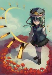 Rule 34 | 1girl, asymmetrical hair, black footwear, black skirt, blue eyes, blue hat, blue sky, blue vest, bow, breasts, buttons, closed mouth, cloud, danmaku, epaulettes, flower, frilled hat, frills, glint, gold trim, green hair, hat, hat ribbon, highres, holding, kornod, long sleeves, looking at viewer, medium breasts, miniskirt, outdoors, over-kneehighs, red bow, red ribbon, ribbon, ribbon-trimmed skirt, ribbon trim, rod of remorse, shiki eiki, shoes, short hair, skirt, sky, sleeve bow, socks, solo, spider lily, standing, thighhighs, touhou, vest, white bow, white ribbon, white socks