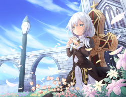 Rule 34 | 1girl, black dress, blue eyes, bridge, cathedral, closed mouth, cross (weapon), dress, flower, hair between eyes, highres, honkai (series), honkai impact 3rd, lamppost, looking at viewer, nishina kakeri, nun, outdoors, own hands together, petals, pink flower, pink rose, purple flower, rose, scenery, side ponytail, smile, solo, theresa apocalypse, theresa apocalypse (valkyrie pledge), white flower, white hair