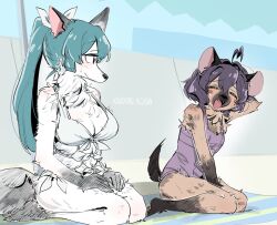 2girls ahoge an_sin animal_ears beach bikini black_hair blue_hair bow breasts closed_eyes day fangs fox_ears fox_girl fox_tail furrification furry furry_female hair_bow highres hiiragi_utena hyena_ears hyena_girl hyena_tail large_breasts long_hair looking_at_another mahou_shoujo_ni_akogarete medium_hair minakami_sayo multiple_girls open_mouth outdoors ponytail red_eyes sitting smile swimsuit tail wariza