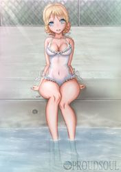 Rule 34 | 10s, 1girl, :d, arm support, artist name, barefoot, blonde hair, blue eyes, blurry, braid, breasts, casual one-piece swimsuit, caustics, chain-link fence, cleavage, collarbone, covered navel, darjeeling (girls und panzer), day, depth of field, fence, french braid, frilled swimsuit, frills, full body, girls und panzer, halterneck, happy, hip focus, hip vent, legs, legs together, light rays, looking at viewer, medium breasts, navel, one-piece swimsuit, open mouth, outdoors, poolside, proudsoul, short hair, smile, soaking feet, solo, swimsuit, thighs, transparent, water, white one-piece swimsuit