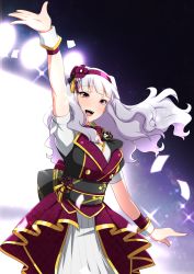 Rule 34 | 1girl, blunt bangs, breasts, commentary request, dress, hair ornament, hairband, highres, idolmaster, idolmaster (classic), indoors, jabara tornado, jacket, large breasts, long hair, obi, open mouth, pleated dress, purple eyes, sash, shijou takane, shirt, silver hair, smile, solo, stage, stage lights, waving, white shirt, wrist cuffs