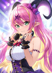 Rule 34 | 1girl, arm strap, asymmetrical horns, bare shoulders, blonde hair, blush, bow, breasts, chest harness, colored inner hair, curled horns, demon horns, dress, green eyes, guchico, hair between eyes, hair bow, hair ornament, harness, headphones, headphones around neck, holding, holding headphones, hololive, horns, large breasts, long hair, looking at viewer, mano aloe, multicolored hair, nail polish, official art, pink hair, pointy ears, purple nails, skull, sleeveless, sleeveless dress, smile, solo, streaked hair, textless version, two-tone hair, uneven horns, virtual youtuber, wrist cuffs