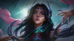 Rule 34 | 1girl, armor, artist name, artstation username, black hair, blue eyes, blurry, blurry background, bodysuit, closed mouth, detached sleeves, expressionless, fingernails, floating hair, foritis wang, hair ornament, headpiece, high collar, highres, irelia, league of legends, light, long hair, looking at viewer, outdoors, parted bangs, pink lips, serious, sharp fingernails, shiny skin, shoulder armor, simple background, solo, tiara, upper body