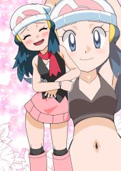 Rule 34 | 1girl, alternate costume, beanie, blue eyes, blue hair, breasts, commentary, creatures (company), dawn (pokemon), denim, game freak, groin, hainchu, hair ornament, hat, highres, jeans, long hair, looking at viewer, nintendo, open mouth, pants, pokemon, pokemon (anime), pokemon dppt, pokemon dppt (anime), skirt, smile, solo