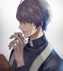 Rule 34 | 1boy, black shirt, book, clavis lelouch, cross, cross necklace, grey hair, hand up, highres, ikemen prince, jewelry, male focus, mole, mole under mouth, necklace, rosary, shirt, short hair, simple background, solo, upper body, white background, y (pixiv69889180), yellow eyes