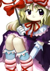 Rule 34 | 1girl, blonde hair, bow, closed mouth, commentary, dress, elbow gloves, feet out of frame, gloves, hat, hat ribbon, highres, holding, holding umbrella, knees up, light blush, long hair, looking at viewer, mob cap, neck ribbon, pink footwear, pink hat, puffy short sleeves, puffy sleeves, purple dress, purple eyes, red bow, red ribbon, ribbon, short sleeves, simple background, sitting, smile, socks, solo, touhou, umbrella, white background, white gloves, white socks, yakumo yukari, yakumora n, zun (style)