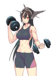 Rule 34 | 10s, 1girl, bike shorts, black hair, breasts, close-up, exercising, female focus, groin, headgear, kantai collection, large breasts, long hair, nagato (kancolle), navel, red eyes, simple background, smile, solo, sports bra, toned, weightlifting, weights, yuuji (and)