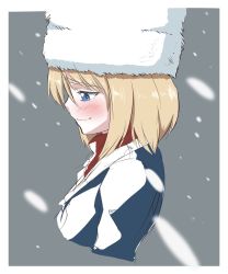 Rule 34 | 1girl, blonde hair, blue eyes, blue jacket, blush, closed mouth, commentary, cropped torso, enikuma, fang, from side, fur hat, girls und panzer, half-closed eyes, hat, highres, jacket, katyusha (girls und panzer), long hair, portrait, red shirt, shirt, short hair, skin fang, skindentation, smile, snow, solo, ushanka, white hat