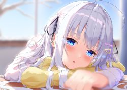 Rule 34 | 1girl, :o, ahoge, black ribbon, blue eyes, blurry, blurry background, blurry foreground, blush, commentary request, crossed bangs, desk, fortissimo, hair ornament, hair ribbon, hair spread out, half-closed eyes, head on table, head tilt, highres, lipgloss, long hair, long sleeves, looking at viewer, musical note, musical note hair ornament, open mouth, original, portrait, ribbon, shirt, sidelocks, sironora, solo, triangle hair ornament, two side up, upper body, white hair, white shirt, wrinkled fabric