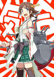Rule 34 | 10s, 1girl, bare shoulders, blue eyes, blush, brown hair, detached sleeves, hairband, headgear, hiei (kancolle), japanese clothes, kantai collection, kumadano, no legwear, nontraditional miko, open mouth, personification, plaid, short hair, skirt, smile, solo, thighhighs