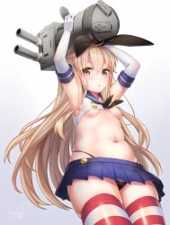Rule 34 | 1girl, armpits, arms up, belly, black panties, blonde hair, blue skirt, breasts, brown eyes, commentary request, crop top, crossed bangs, doyouwantto, elbow gloves, floating hair, from below, gloves, gradient background, hair between eyes, hairband, highleg, highleg panties, kantai collection, long hair, looking at viewer, looking down, microskirt, navel, panties, parted lips, rensouhou-chan, sailor collar, school uniform, serafuku, shimakaze (kancolle), shiny clothes, shiny legwear, sidelocks, signature, simple background, skindentation, skirt, small breasts, solo, standing, striped clothes, striped thighhighs, thick thighs, thighhighs, thighs, underboob, underwear, white gloves, white thighhighs