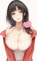 Rule 34 | 1girl, bare shoulders, black hair, blunt bangs, breasts, cleavage, collarbone, grey eyes, hair ornament, hair over shoulder, highres, jacket, large breasts, long hair, looking at viewer, mole, mole on neck, nijisanji, off shoulder, open clothes, open jacket, open mouth, red jacket, serizawa (serizawaroom), shirt, simple background, smile, solo, suzuka utako, track jacket, upper body, virtual youtuber, white background, white shirt