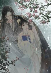 Rule 34 | 1boy, 1girl, black hair, blunt bangs, book, chinese clothes, couple, hair bun, hanfu, improvised umbrella, loli bushi, long hair, looking at another, looking to the side, messy hair, hugging object, original, parted bangs, petals, rain, shared cape, shared clothes, shelter, single hair bun, water drop