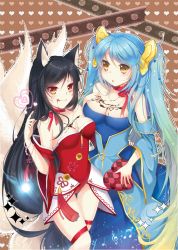 Rule 34 | 2girls, :d, :o, :p, ahri (league of legends), alternate eye color, animal ears, aqua hair, bad id, bad pixiv id, bare shoulders, black hair, blonde hair, blush, bracelet, breasts, chocolate, chocolate on body, chocolate on breasts, cleavage, detached sleeves, dress, facial mark, fingernails, fox ears, fox tail, gift, gradient hair, hair ornament, heart, jewelry, large breasts, league of legends, leg ribbon, licking lips, long hair, maydream, medium breasts, multicolored hair, multiple girls, multiple tails, musical note, nail polish, open mouth, orange eyes, ribbon, smile, sona (league of legends), tail, tears, tongue, tongue out, twintails, valentine, whisker markings, yellow eyes