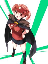 Rule 34 | 1girl, :d, bad id, bad pixiv id, brown eyes, brown hair, cape, clothes writing, employee uniform, fast food uniform, hataraku maou-sama!, highres, iroba, open mouth, sasaki chiho, shoes, short hair, short twintails, shoulder pads, smile, sneakers, solo, twintails, uniform, visor cap