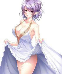 Rule 34 | 00s, 1girl, :d, aikawa arisa, armpits, bare legs, bare shoulders, blush, body blush, breasts, cleavage, clothes lift, collarbone, cowboy shot, dress, dress lift, earrings, elf, female focus, fingernails, formal, frilled dress, frills, from side, gem, helene (taimanin asagi), high ponytail, highres, jewelry, lace, large breasts, lifting own clothes, light purple hair, lipstick, long dress, long fingernails, long pointy ears, looking at viewer, makeup, nail polish, no bra, official art, open mouth, pink lips, pink nails, pointy ears, ponytail, purple eyes, raised eyebrows, shiny skin, short hair, short ponytail, sideboob, sleeveless, smile, solo, standing, suggestive fluid, sweat, swept bangs, taimanin (series), taimanin asagi, taimanin asagi kessen arena, thighs, wavy hair, white background, white dress