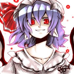 Rule 34 | 1girl, female focus, hair between eyes, hat, korean text, lowres, mob cap, pointy ears, remilia scarlet, smile, solo, touhou, upper body, white background, wings