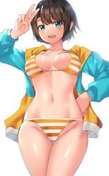 Rule 34 | 1girl, :d, absurdres, bikini, bikini under clothes, black hair, blue eyes, blush, breasts, clyde s, cowboy shot, from below, groin, hand on own hip, hand up, highres, hololive, jacket, looking at viewer, medium breasts, multicolored clothes, multicolored jacket, navel, oozora subaru, oozora subaru (hololive summer 2019), open mouth, short hair, simple background, smile, solo, standing, stomach, striped bikini, striped clothes, swimsuit, teeth, thigh gap, thighs, two-tone jacket, upper teeth only, v, virtual youtuber, white background
