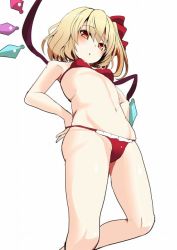 Rule 34 | 1girl, :o, amisu, arm at side, bare arms, bare legs, bikini, blonde hair, breasts, flandre scarlet, from below, hair ribbon, looking at viewer, navel, red bikini, red eyes, red ribbon, ribbon, simple background, small breasts, solo, stomach, swimsuit, touhou, white background, wings