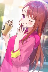 Rule 34 | 1girl, :q, absurdres, asymmetrical bangs, breasts, brown hair, cappuccino, city, closed mouth, coffee, coffee cup, commentary, cream, cream on face, cup, disposable cup, fingernails, food, food on face, frappuccino, highres, hijiri ageha, hirogaru sky! precure, holding, holding cup, hood, hood down, hoodie, indoors, jacket, jacket over hoodie, lens flare, long hair, long hoodie, long sleeves, looking at viewer, medium breasts, one eye closed, open clothes, open jacket, pink hoodie, pink jacket, precure, purple eyes, shuu (mniarnoakou), smile, solo, standing, tongue, tongue out, very long hair