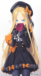 Rule 34 | 1girl, abigail williams (fate), animal print, black bow, black dress, black hat, black pantyhose, blonde hair, blue eyes, blush, bow, box, butterfly print, covered mouth, dress, fate/grand order, fate (series), forehead, gift, gift box, hat, highres, holding, holding gift, hugging object, long hair, long sleeves, looking at viewer, orange bow, pantyhose, parted bangs, polka dot, polka dot bow, print pantyhose, sailor collar, sailor dress, sailor hat, simple background, sleeves past wrists, solo, stuffed animal, stuffed toy, teddy bear, twitter username, tyone, valentine, very long hair, white background