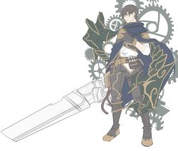 Rule 34 | 1boy, absurdres, belt, belt buckle, belt pouch, black gloves, blue cloak, book, boots, brown footwear, brown hair, buckle, claws, clip studio paint (medium), cloak, cross, extra arms, flat color, gears, glasses, gloves, highres, holding, holding sword, holding weapon, huge weapon, male focus, mechanical, mechanical arms, original, parted lips, pouch, priest, round eyewear, silhouette, sketch, solo, standing, steampunk, sword, tesuta0612, vial, weapon, white background