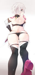 Rule 34 | 1girl, absurdres, arm belt, ass, bandaged arm, bandages, bare shoulders, black panties, black thighhighs, black vest, breasts, cropped vest, dagger, facial scar, fate/apocrypha, fate/grand order, fate (series), from behind, green eyes, hair between eyes, highres, holding, holding dagger, holding knife, holding weapon, jack the ripper (fate/apocrypha), knife, looking at viewer, looking back, lowleg, lowleg panties, panties, scar, scar across eye, scar on cheek, scar on face, short hair, shoulder tattoo, small breasts, solo, tattoo, thighhighs, underwear, vest, weapon, white hair