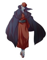 Rule 34 | 1boy, cape, colored skin, dairi, fortune teller (touhou), full body, grey skin, hat, highres, hollow eyes, long sleeves, male focus, pointy ears, sandals, solo, touhou, transparent background, white background