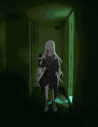Rule 34 | 1girl, absurdres, arm behind back, barefoot, black coat, black tank top, chinese commentary, coat, coat partially removed, commentary, dark room, doorway, faceless, faceless female, facing viewer, glowing liquid, green background, grey hair, hallway, highres, holding own arm, indoors, isekai joucho, kamitsubaki studio, kuon kyomu, long bangs, long hair, monochrome background, multicolored hair, pixel art, red hair, sidelighting, solo, standing, straight-on, streaked hair, tank top, very long hair, virtual youtuber, wavy hair, wide shot