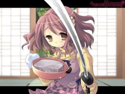 Rule 34 | 1girl, brown hair, earrings, game cg, ito noizi, jewelry, katana, letterboxed, oven mitts, peace@pieces, solo, sword, takanashi homare, weapon, yellow eyes