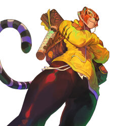 Rule 34 | 1girl, animal ears, animal nose, backpack, bag, black pants, colored sclera, crossed arms, dutch angle, earphones, english text, feet out of frame, from below, from side, furry, furry female, hieumay, highres, hood, hoodie, kung fu panda, legs apart, looking to the side, multicolored fur, orange fur, pants, shiny clothes, shiny legwear, simple background, snout, solo, striped fur, striped tail, tail, tiger ears, tiger girl, tiger tail, tigress (kung fu panda), white background, white fur, yellow hoodie, yellow sclera