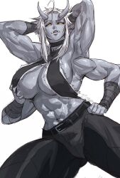 Rule 34 | 1509virgoart, 1girl, abs, armband, belt, black belt, black pants, colored skin, extra arms, fangs, grey skin, highres, horns, looking at viewer, medium hair, muscular, muscular female, oni, oni horns, original, pants, pointy ears, simple background, solo, white background, white hair, yellow eyes