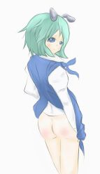 Rule 34 | 1girl, antennae, ass, blue eyes, blush, bottomless, cape, green hair, legs together, long sleeves, no panties, shiogohan, short hair, simple background, solo, spanked, touhou, white background, wriggle nightbug