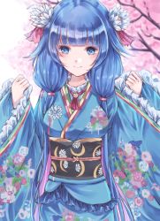 Rule 34 | 1girl, absurdres, blue eyes, blue hair, blue kimono, blush, breasts, cherry blossoms, flower, hair flower, hair ornament, hair tie, highres, japanese clothes, kimono, long hair, looking at viewer, medium breasts, namamake, shironeko project, sidelocks, smile, solo, standing, towa (evenicle), towa (shironeko project), twintails