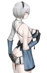 Rule 34 | 1girl, ass, bandaged neck, bandages, bare shoulders, black hairband, blue eyes, bow, breasts, butt crack, closed mouth, commentary request, cosplay, from behind, gloves, hairband, hand on own ass, highres, kaine (nier), kaine (nier) (cosplay), kurone rinka, large breasts, lingerie, negligee, nier:automata, nier (series), nipples, pale skin, silver hair, simple background, solo, thighs, underwear, white background, 2b (nier:automata)