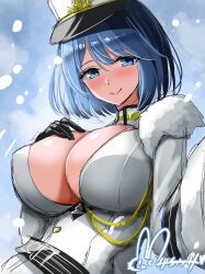 Rule 34 | 1girl, absurdres, azur lane, black gloves, blue eyes, blue hair, blush, breasts, buttons, chapayev (azur lane), cleavage, cleavage cutout, closed mouth, clothing cutout, coat, collarbone, fur-trimmed coat, fur trim, gloves, hair between eyes, hand on own chest, hat, highres, hisin, huge breasts, jacket, large breasts, long sleeves, looking at viewer, military, military hat, military uniform, mole, open clothes, peaked cap, short hair, smile, snow, snowing, solo, uniform, upper body, white coat, white gloves, white hat, white jacket, winter clothes