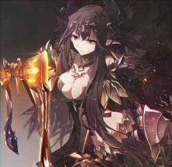 Rule 34 | 1girl, bare shoulders, black dress, black hair, breasts, bridal gauntlets, chalice, cleavage, cup, detached sleeves, dress, fate/apocrypha, fate (series), fur trim, chalice, hair ornament, jewelry, large breasts, long dress, long hair, necklace, pointy ears, pouring, semiramis (fate), solo, spikes, tsuezu, very long hair, yellow eyes