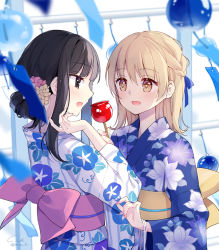 Rule 34 | 2girls, :o, black eyes, black hair, blonde hair, blue ribbon, blunt bangs, blurry, blurry background, blurry foreground, braid, candy, candy apple, depth of field, floral print, flower, food, hair bun, hair flower, hair ornament, hair ribbon, hand up, hazuki natsu, holding, holding candy, holding food, japanese clothes, kimono, light particles, long hair, looking at another, multiple girls, nail polish, obi, open mouth, original, pink flower, pink nails, pink sash, purple kimono, ribbon, sash, sidelocks, signature, single braid, twitter username, white background, white kimono, wind chime, yellow eyes, yellow flower, yellow sash