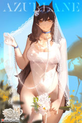 Rule 34 | 1girl, animal ears, artist name, atago (azur lane), azur lane, bare hips, bdsm, blue sky, bouquet, breasts, brown hair, casual one-piece swimsuit, chain, collar, collarbone, copyright name, covered navel, cowboy shot, day, flower, groin, highleg, highleg swimsuit, highres, holding, holding bouquet, hu dako, large breasts, leash, long hair, one-piece swimsuit, orange eyes, outdoors, see-through, sky, slave, solo, swimsuit, veil, very long hair, white flower, white one-piece swimsuit