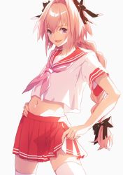 Rule 34 | 1boy, astolfo (fate), astolfo (sailor paladin) (fate), black bow, bow, braid, fate/apocrypha, fate/grand order, fate (series), hair intakes, hand on own hip, long braid, long hair, looking at viewer, male focus, midriff, multicolored hair, navel, neckerchief, official alternate costume, open mouth, pink hair, pink skirt, pleated skirt, purple eyes, red sailor collar, sailor collar, school uniform, serafuku, shirt, short sleeves, simple background, single braid, skirt, solo, standing, streaked hair, thighhighs, tiri00, trap, white background, white hair, white shirt, white thighhighs, zettai ryouiki