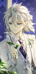 Rule 34 | 0jae, 1boy, albedo (genshin impact), bishounen, blue eyes, bouquet, commentary request, flower, formal, genshin impact, hair between eyes, highres, holding, holding flower, lily (flower), long sleeves, male focus, necktie, pale skin, smile, solo, suit, white flower, white hair, white suit